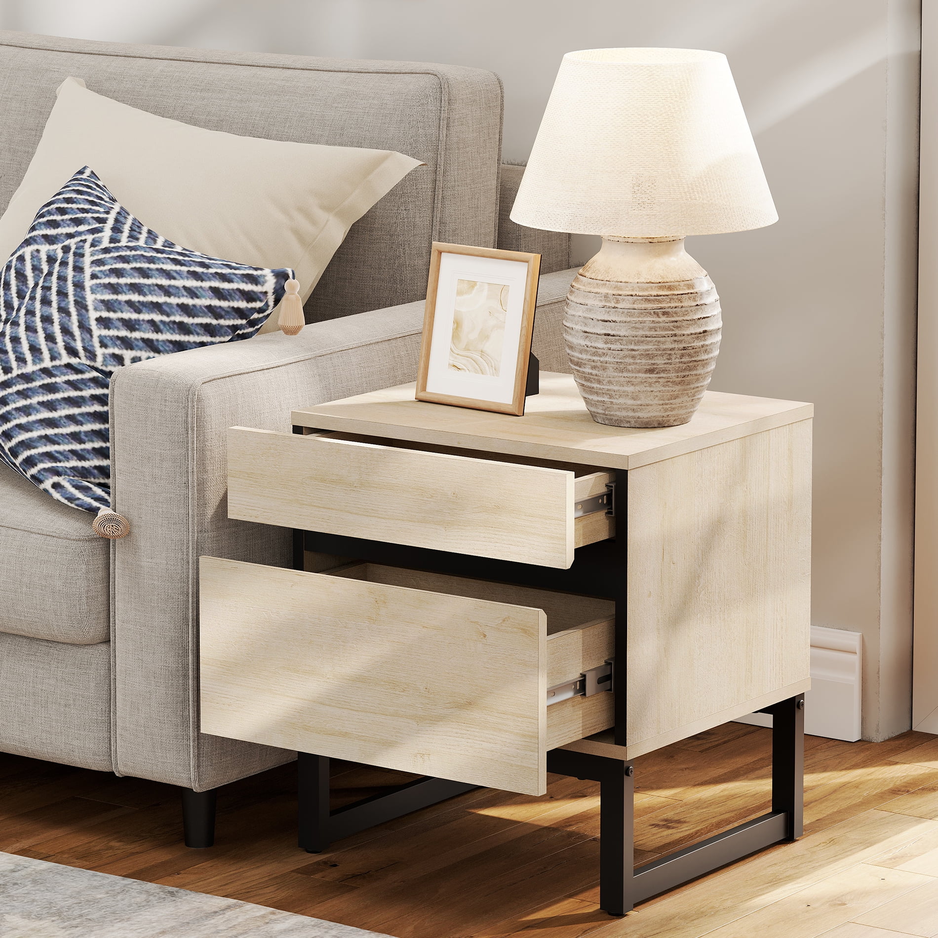 WAMPAT Modern End Table With 2 Drawers - Compact Sofa Side Table & Nightstand For Living Room & Bedroom