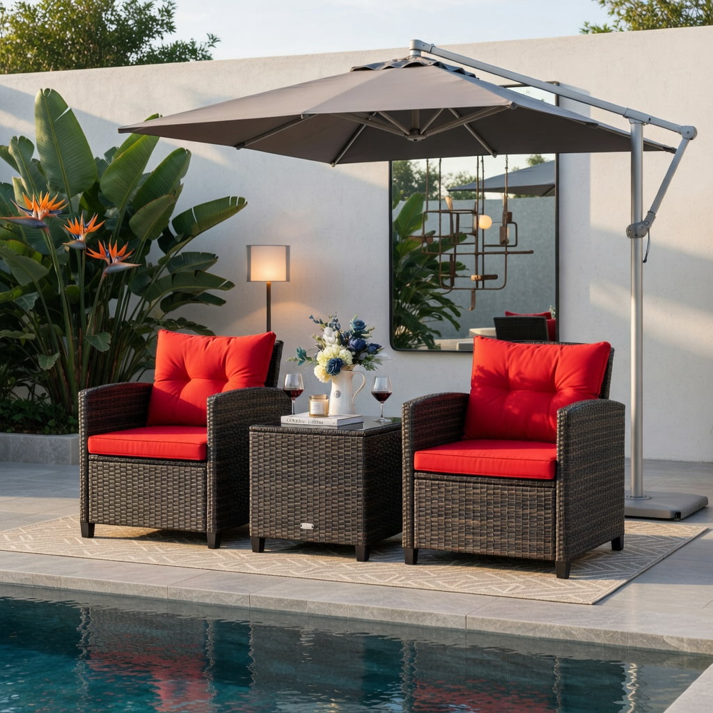 Hommoo 3-Piece Outdoor Rattan Patio Furniture Set with Cushions, Wicker Conversation Set Including 2 Armchairs & Coffee Table with Tempered Glass Top, Red