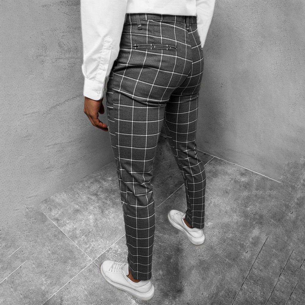 ALSLIAO Mens Casual Fashion Plaid Skinny Pants Gentleman Business Slim  Formal Trousers Dark Grey L 