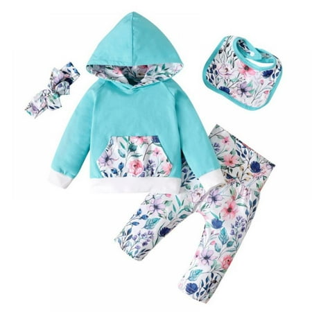 

Bullpiano Newborn Baby Girl Clothes Outfits Infant Hoodie Floral Print Sweatshirt Pants Headband Bibs Toddler Girl Clothing Set for 9-12 Months