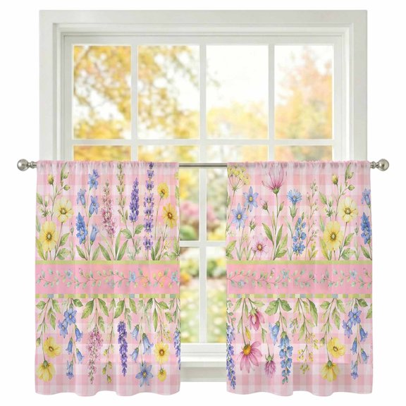 Summer Flowers Sheer Curtains 45 Inch Long 2 Panels Country Pastoral Blue Purple Yellow Floral Pink Plaid Light Filtering Rod Pocket Curtains, Sheer Voile Drapes for Living Room Bedroom 52"x45"