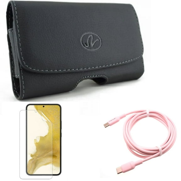 For Samsung Galaxy S21 (6.2") - PD Fast Charger USB-C to Type-C Pink 10ft Long Cable   Anti-Glare TPU Film Matte Screen Protector   Swivel Leather Case Belt Clip