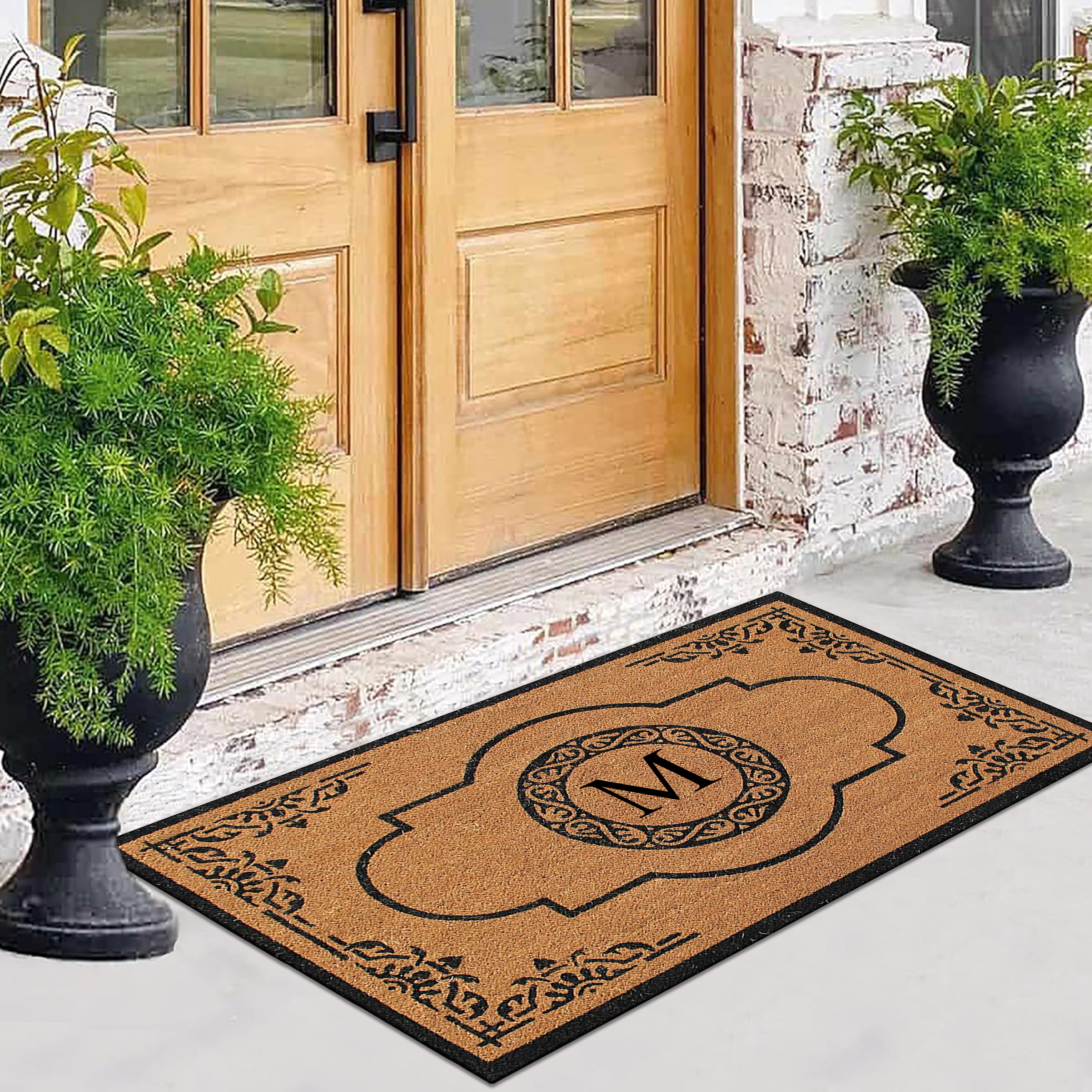 A1 Home Collections 36"x72" Natural Coir Monogrammed Doormat with PVC Backing, Heavy Duty Anti-Shed Front Door Mat, Easy to Clean