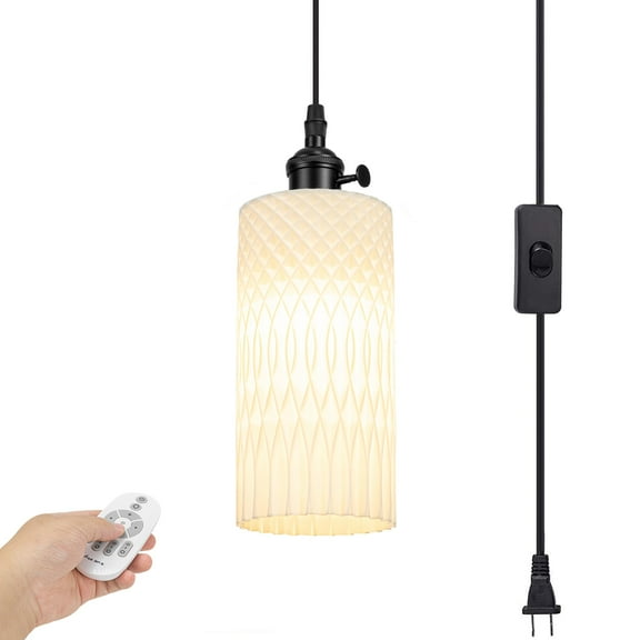 Kiven Plug in Pendant Light, Farmhouse Hanging Light Fixture with Remote and Plastic Lampsade, E26 Socket Dimmable Pendant Light for Bedroom Hallway Kitchen DZ0537