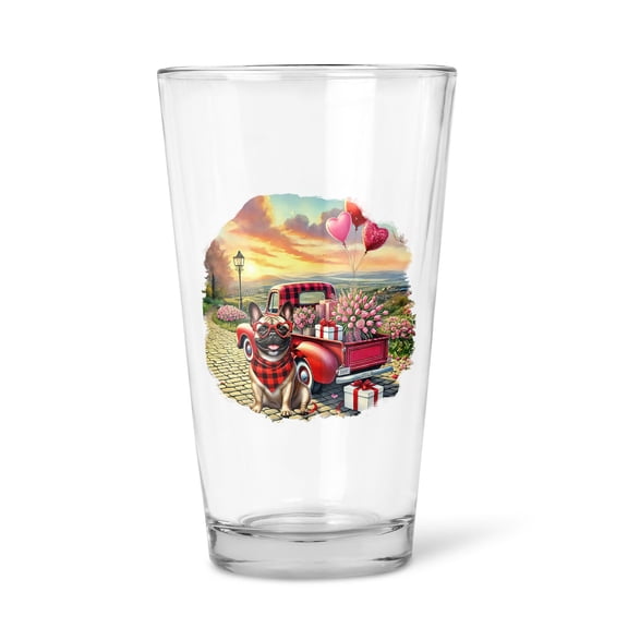 Be My Valentine's French Bulldog Truck Full of Love Flower Balloon 16oz Pint Beer Glass Mug Dog Lover Gifts Beer Glasses Cup - 02029