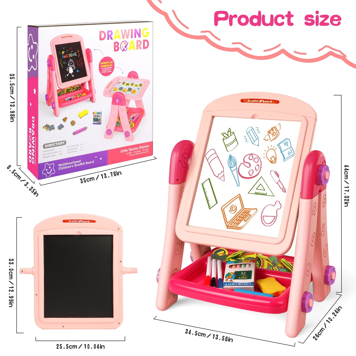 Huge Wave Toddlers Double Sided Magnetic Chalkboard and Whiteboard Art Easel, Pink