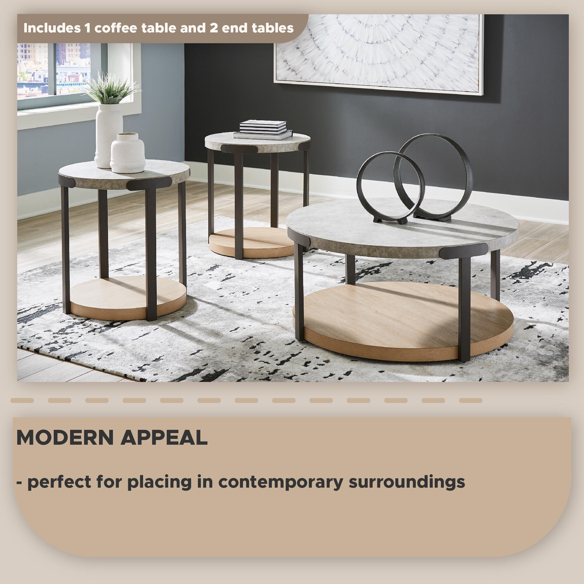 Signature Design by Ashley Darthurst 3-Piece Modern Round Coffee Table Set, Light Brown with Faux Cement Top