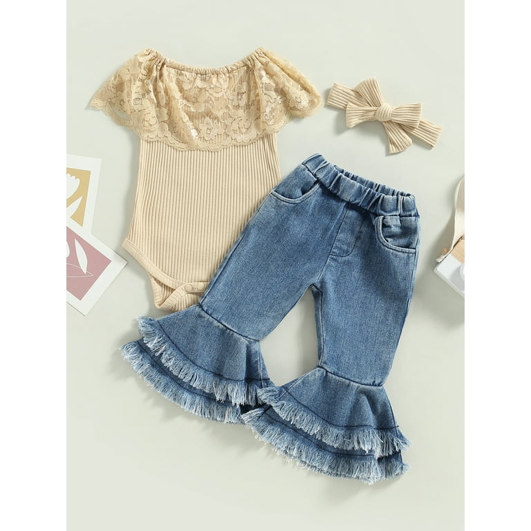 Calsunbaby Kids Baby Girl Bell Bottom Jeans Off Shoulder Romper Knit Lace  Ruffle Ribbed Bodysuit Denim Flare Pants Outfits 6-9M 