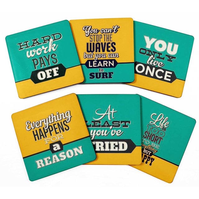 Inkdotpot Set of 6 Drink Coasters Easy Clean 4-inch SquareCoastersCork Base-Reusable- Motivational Quotes
