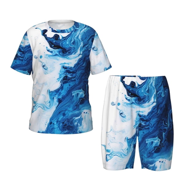 Balery Blue White Fluid Art Conjunto de Pijama Infantil de Manga Corta con Estampado – Ropa de Dormir de Algodón Suave-3X-Large