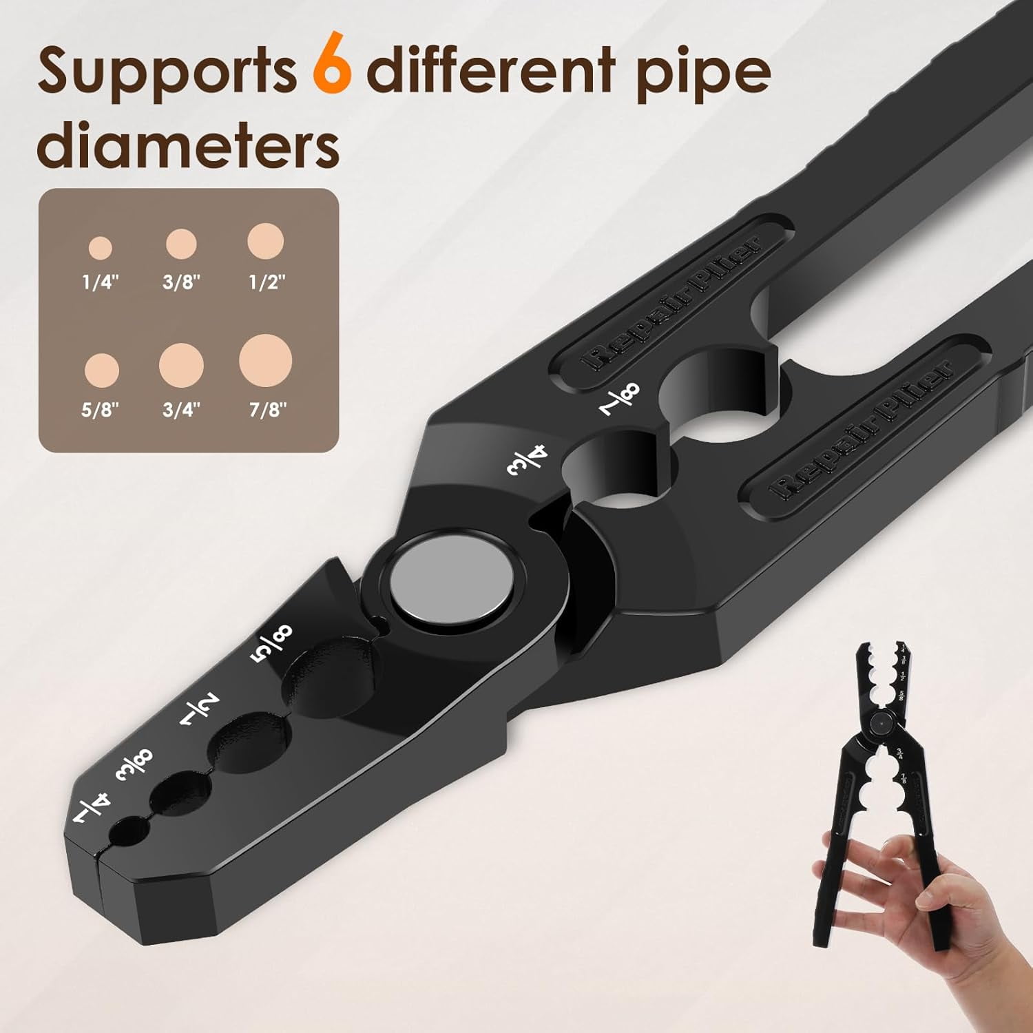 Copper Pipe Rounder, 6 - Hole Flat Copper Tube Repair Plier, Fits 1/4" 3/8" 1/2" 5/8" 3/4" 7/8" Pipes, Manual Operation Pipe Rounding Tool