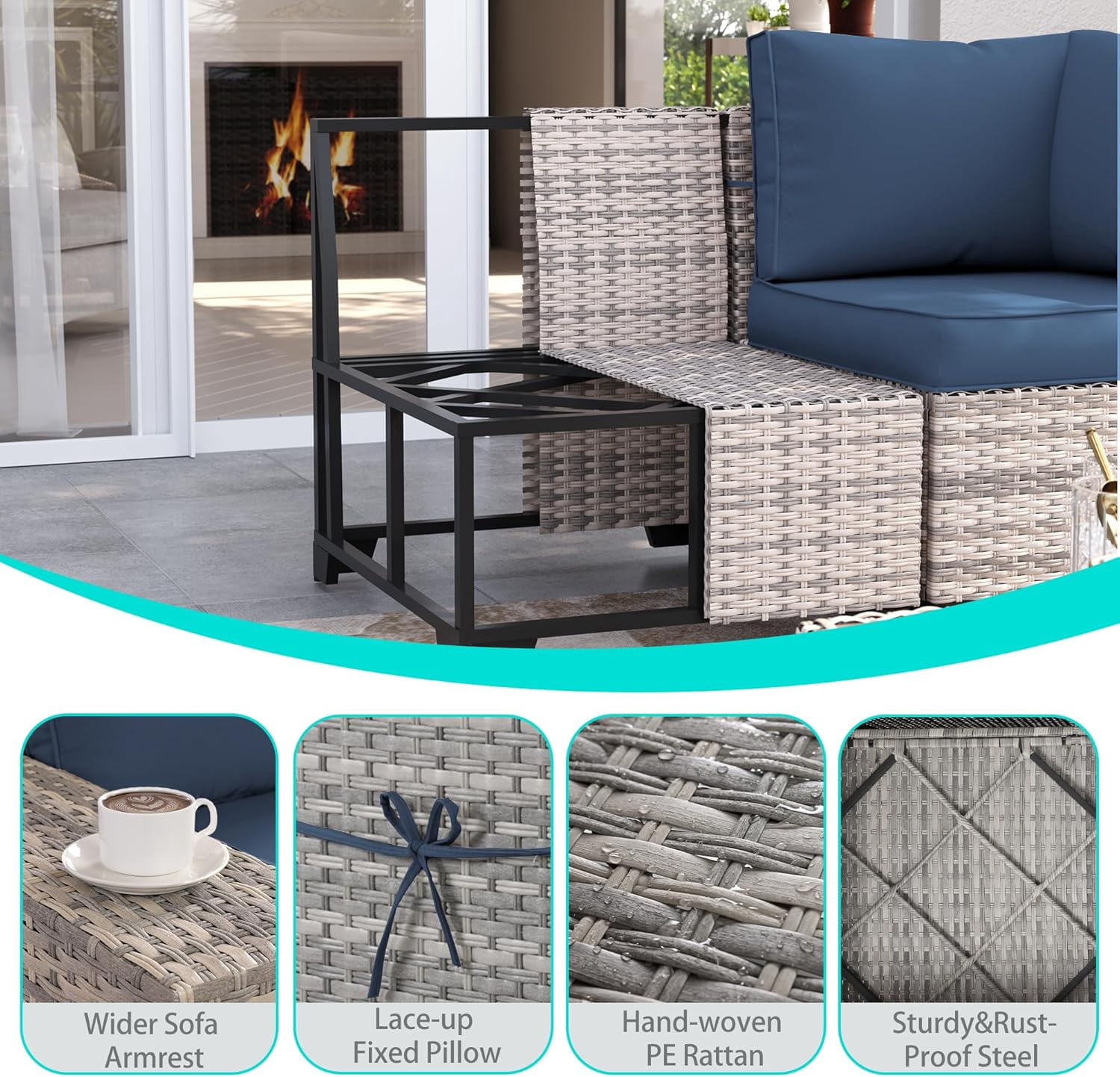 6-Piece Outdoor Patio Furniture Set, PE Wicker Rattan Sectional Sofa Conversation Set with Tempered Glass Table & Thick Cushions - All-Weather Garden, Backyard Furniture,Navy Blue
