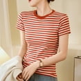 thumbnail image 7 of HOMBOM Fall Women Blouses Dressy Striped 2025 Red Crew Neck Short Sleeve Slim Fit Cotton T-shirt S, 7 of 7