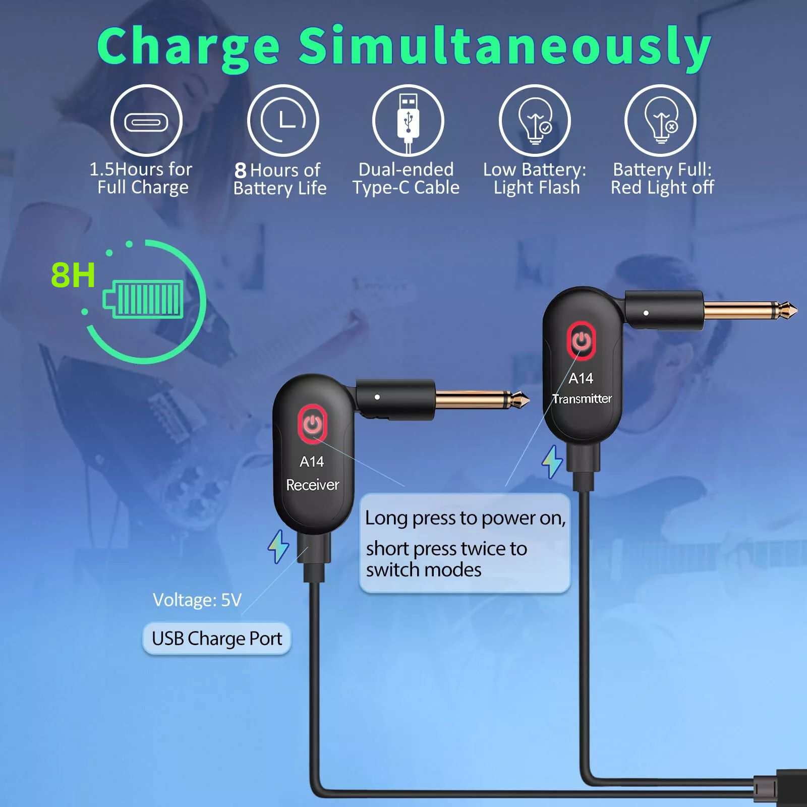 GUYUTING Plug and Play A14 Wireless Guitar System for Instruments with 6 35mm Jacks and 30m Transmission Distance
