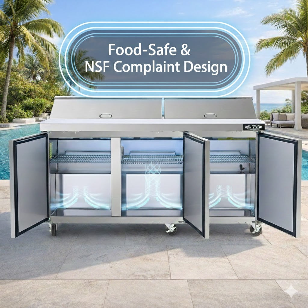 72" Mega Top Sandwich Prep Table Refrigerator, 3-Door NSF Commercial Refrigerated Prep Station, Refrigerated Prep Refrigerator