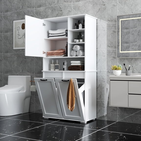 YIYADO Bathroom Storage Cabinet with Doors and Drawers, Tilt Laundry Basket, Multiple Storage Spaces, Freestanding, Open Shelves, Adjustable Shelves,White