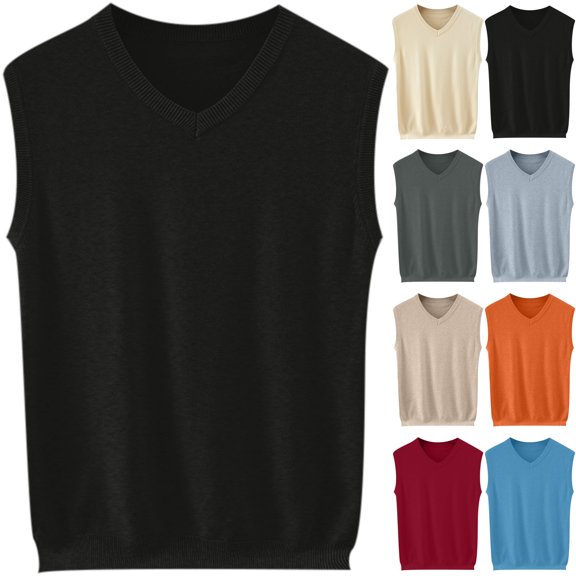 Men's V-Neck Sweater Vest Sleeveless Classic Fit Ribbed Knit Warm Pullover Tops for Business Casual Office Work Daily Wear Fall Winter, Black, XL