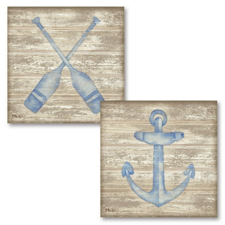 Blue Framed Print Gango Home Decor Classic Nautical Anchor and Oars Coastal Wall Art by Paul Brent; Two Blue 12x12in Unframed Paper Prints (Paper Only, No Frame) ()