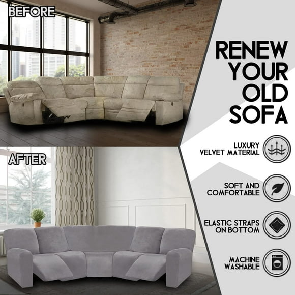 ULTICOR 7-Piece L Shape Sectional Recliner Sofa Covers Velvet Stretch Reclining Couch Covers for Reclining L Shape Sofa Thick Soft Washable (Light Gray L Shape 5 Seat Recliner Cover)
