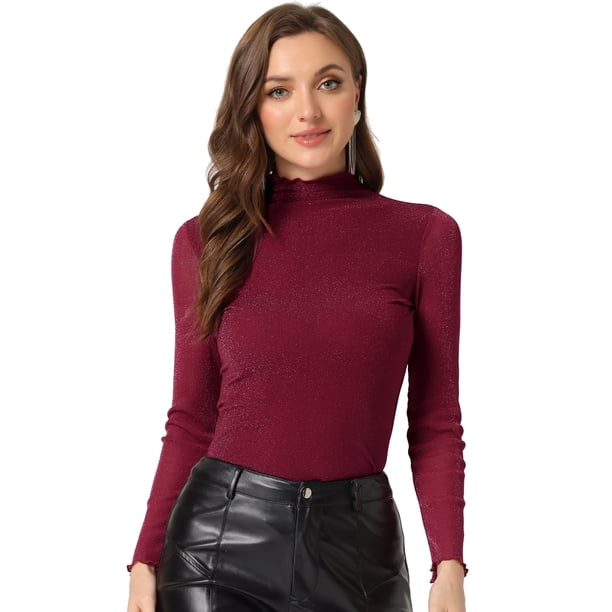 Camisa de manga larga brillante Allegra K Gilitter para mujer fiesta Rojo XL