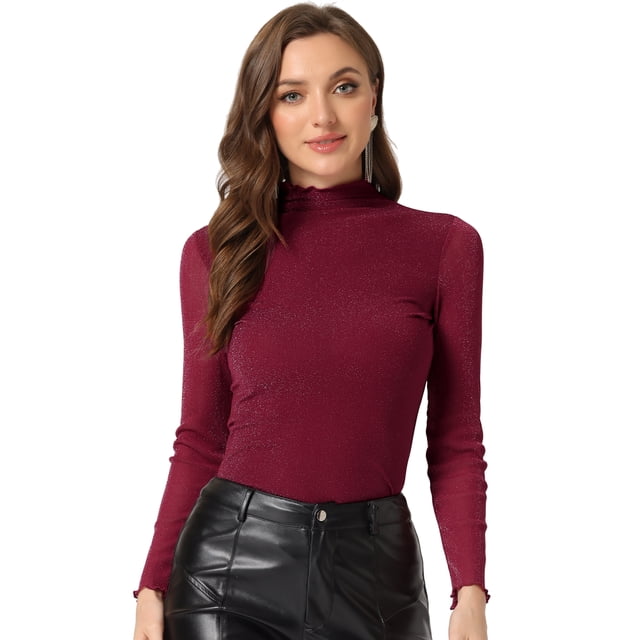 Camisa de manga larga brillante Allegra K Gilitter para mujer fiesta Rojo XL