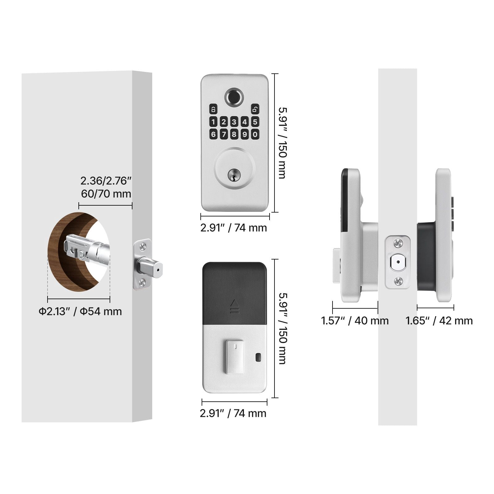 Fingerprint Door Lock, Electronic Biometric Deadbolt with Easy-Grip Design, Auto Locking, One-Time Code, Anti-Peeping, Keyless Entry for Home Apartment Silver