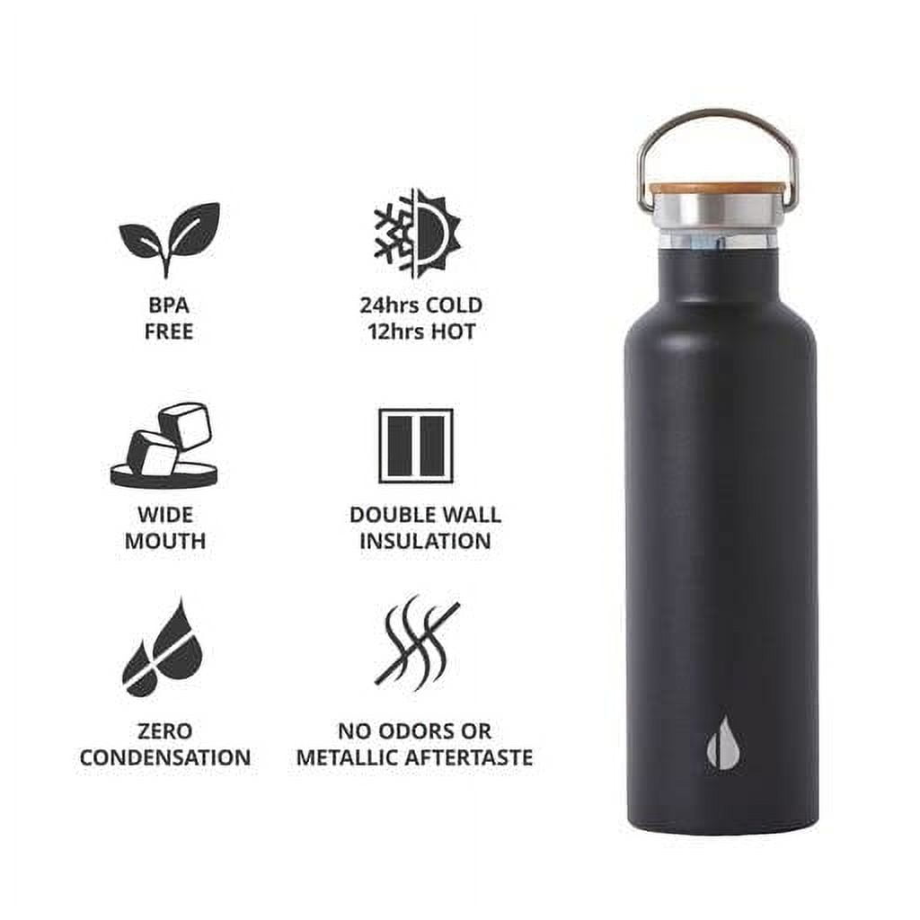 Elemental Classic Insulated Water Bottle, Leak Proof Thermos Water Bottle with Bamboo Lid and Metal Ring, Reusable Insulated Stainless Steel Water Bottle, 25oz - Matte Black