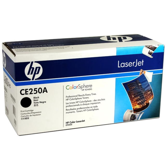 toner hp ce250a hp ce250a cartucho de tóner HP CE250A negro en caja rectangular con logotipo HP y texto LaserJet; gráfica a color en el lateral y empaque blanco y azul, vista 3/4 frontal. Ideal para reemplazo de cartuchos HP en impresoras LaserJet.