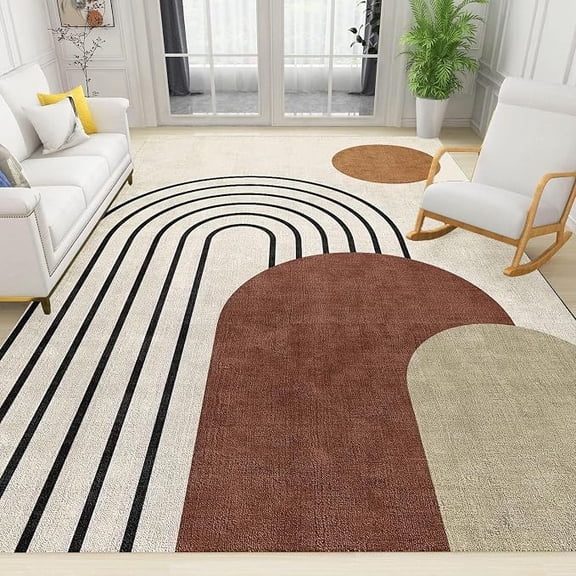 Mid Century Geometry Sun Area Rug, Black Stripe Art Printed Indoor Carpet, Rug with Non-Slip Backing Washable for Living Room Bedroom Home Office Floor Rug 4 x 5ft