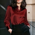 thumbnail image 2 of Puntoco Women's Satin Silk Button Down Blouse, Loose Fit Collared Long Sleeve Shirt, Elegant Solid Color Dressy Casual Work Top Wine XL, 2 of 6