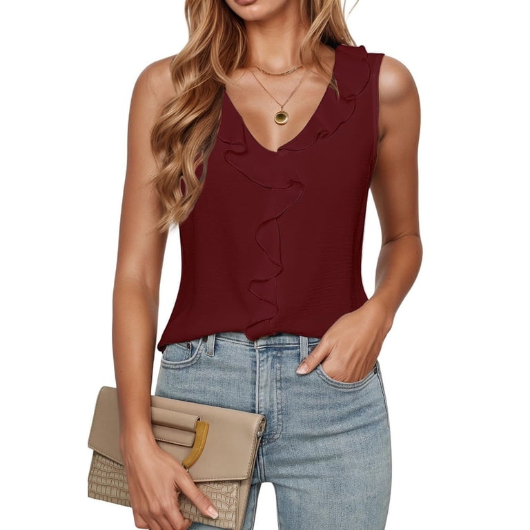 Women Summer Tops Women's Fashionable V Neck Sleeveless Ruffle Blouse R1  plus Dark Teal Tops for Women Camisole Set Chicken for Corset Clothes Teen  Girls Bulk Pack Womens Camisole RD2 XL -