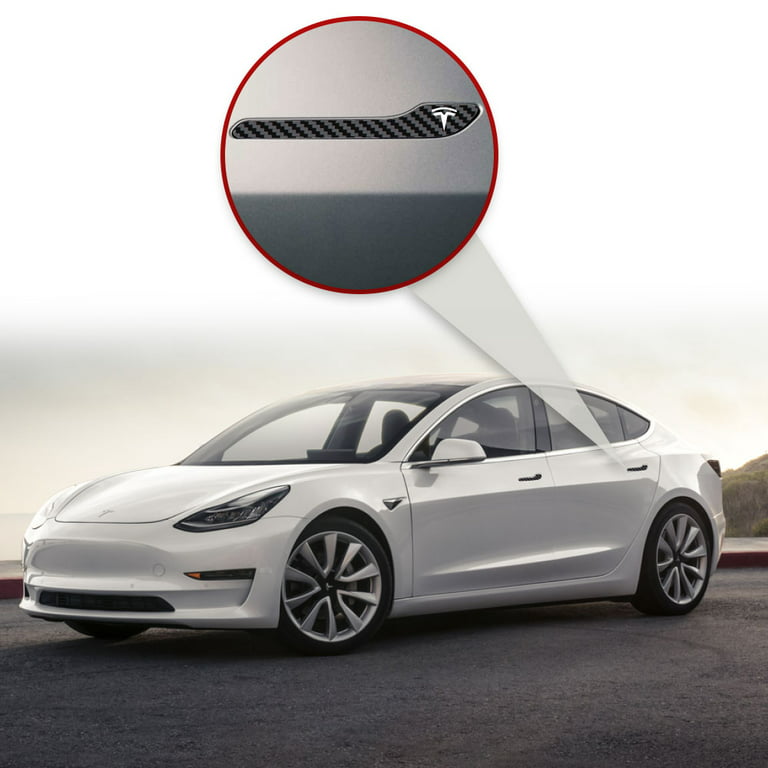 IPG for Tesla Model 3 / Model Y Door Handle Decal Sticker Wrap Kit (Set of 4) with Tesla Logo (Black Carbon Fiber)