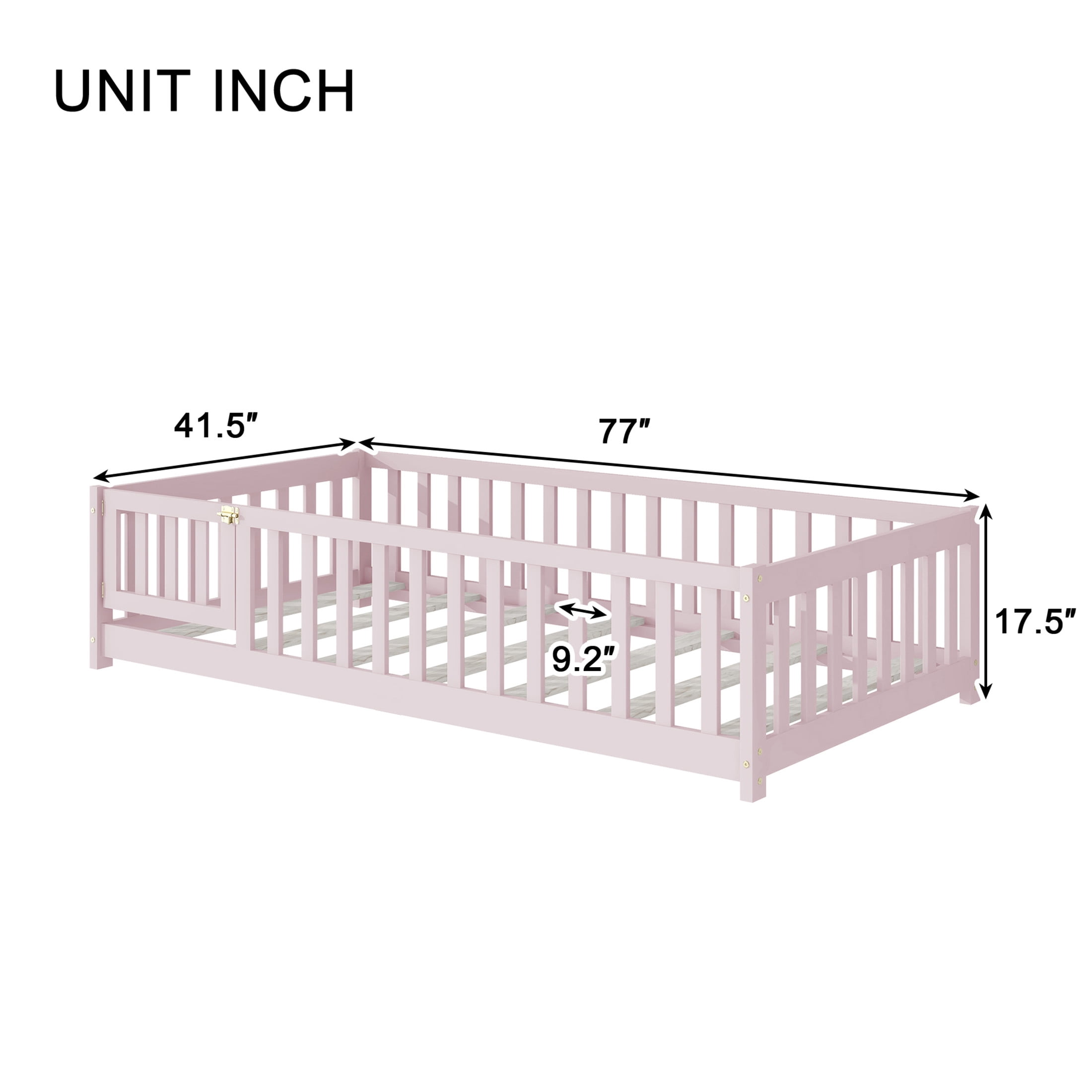 Noble House Mira Twin Floor Bed with Fence and Door, Sturdy Rubber Wood Montessori Bed Frame, Kid's Room, Pink