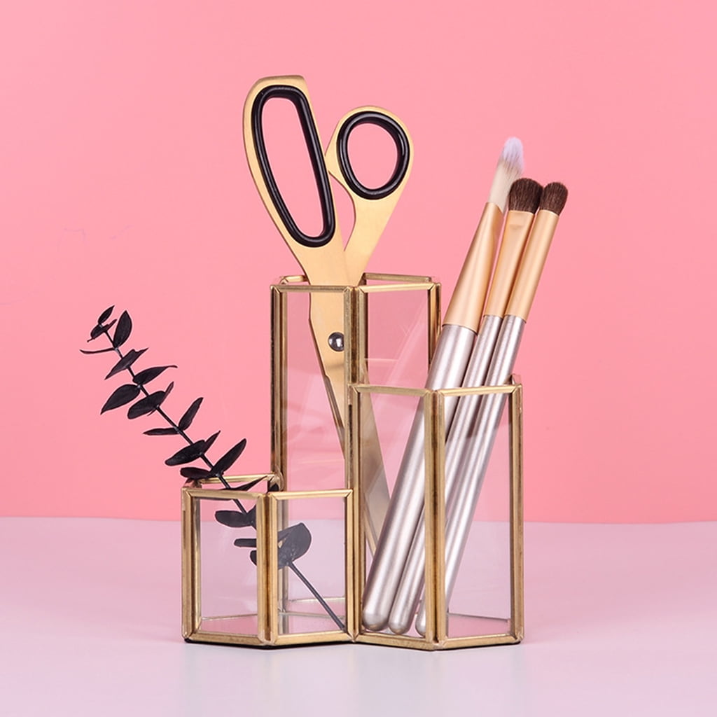 Glass Gold Pen Holder Hexagon Shaped for Desk Pens Rulers Makeup Brush Storage Gilde Multifunctional Combination for Case Container