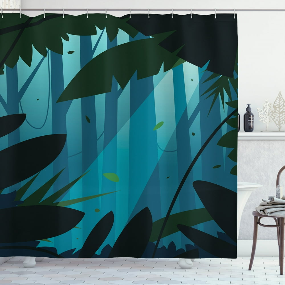 Dreamy Jungle Shower Curtain, Cartoon Jungle Arrangement with Lush