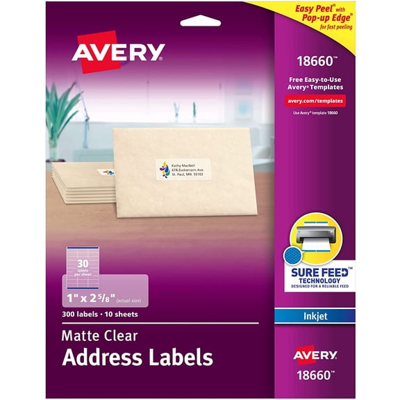 Printable Address Labels with Sure Feed, 1" x 2-5/8", Matte Clear, 300 Blank Mailing Labels (18660)