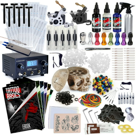Rehab Ink Professional Tattoo Kit w/ 3 Ink Colors, Skull Ink Holder, 2 Machines, Power Supply & (Best Power Supply For Tattoo Machine)