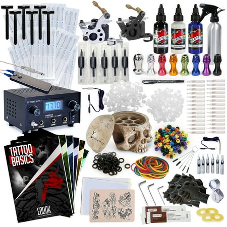 Tattoo Supplies Magnum Rehab Ink Professional Tattoo Kit w/ 3 Ink Colors, Skull Ink Holder, 2 Machines, Power Supply & More ()