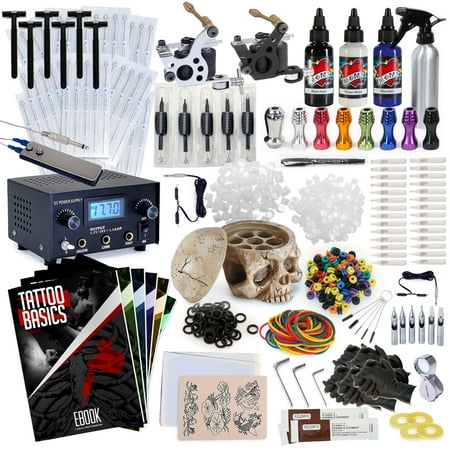 Rehab Ink Professional Tattoo Kit w/ 3 Ink Colors, Skull Ink Holder, 2 Machines, Power Supply & (Best Professional Tattoo Machines)