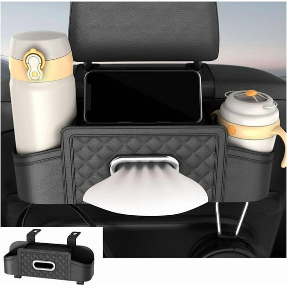 Car Headrest Backseat Organizer, Multifunctional Vehicle Seat Back Storage Box with Drink Cup Holder and Hooks, Automotive Travel Accessories, Universal for SUV, Sedan, Truck (Black)