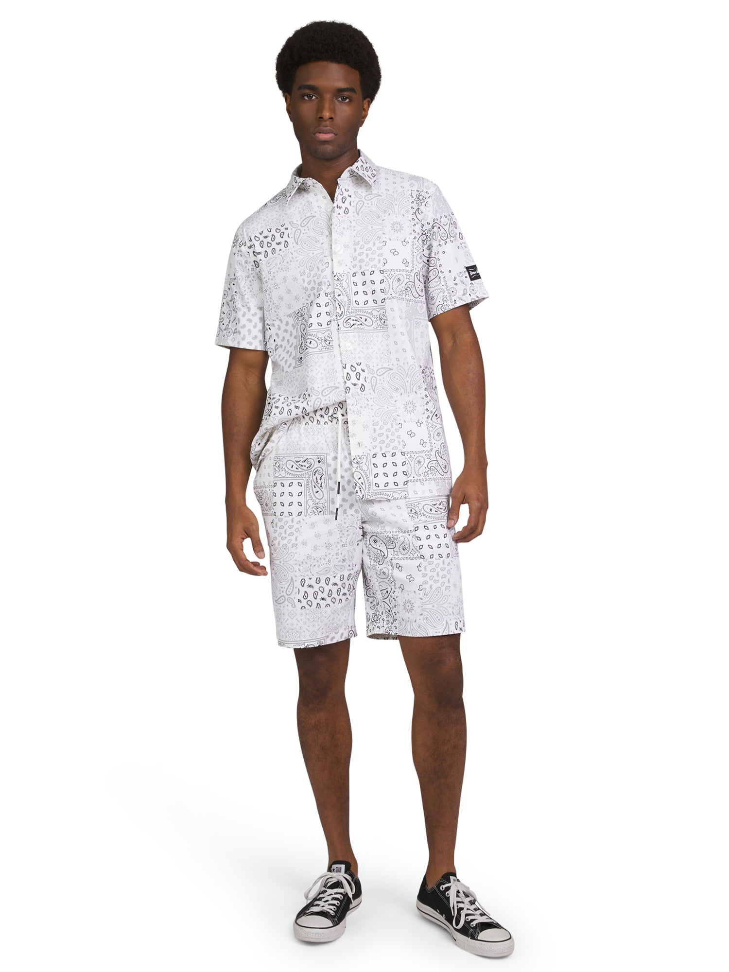 Dogg Supply by Snoop Dogg Men's & Big Men’s Cotton Stretch Paisley Print Patchwork Button-Down Short Sleeve Shirt, Sizes XS-3XL