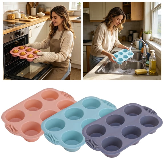 YANDE - 11.8 Inch Food Grade Silicone 6 Cup Muffin Pan Non Stick Heat Resistant Oven Safe Bakeware Flexible Easy Release Kitchen Mold for Cupcake Pastry Baking (Blue)