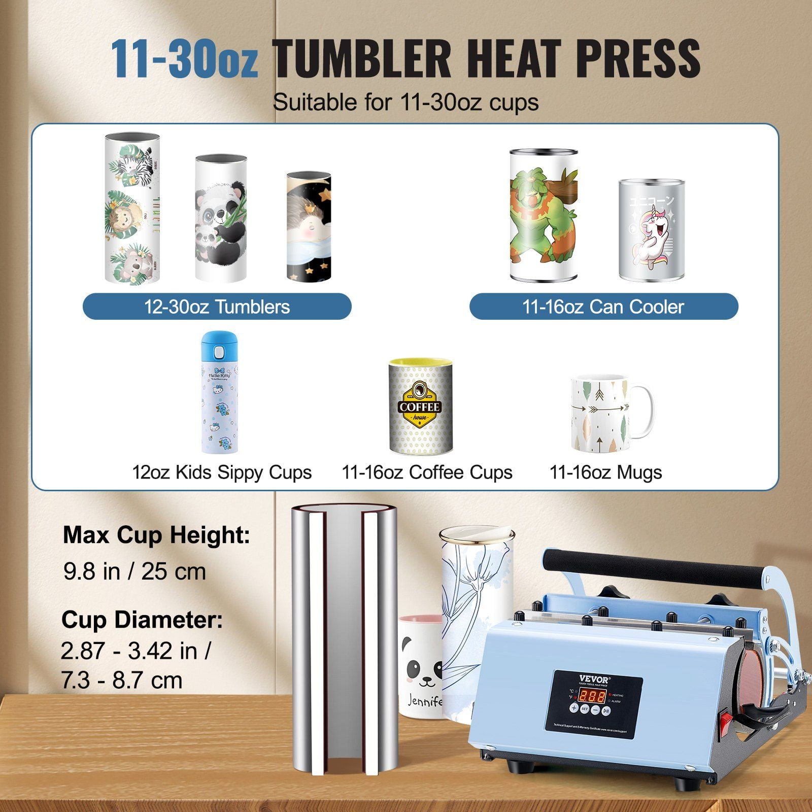 Tumbler Heat Press Machine for 11-30oz Mugs - Sublimation Mug Press for Tumblers & Cups, Blue (Ideal for DIY Custom Designs)
