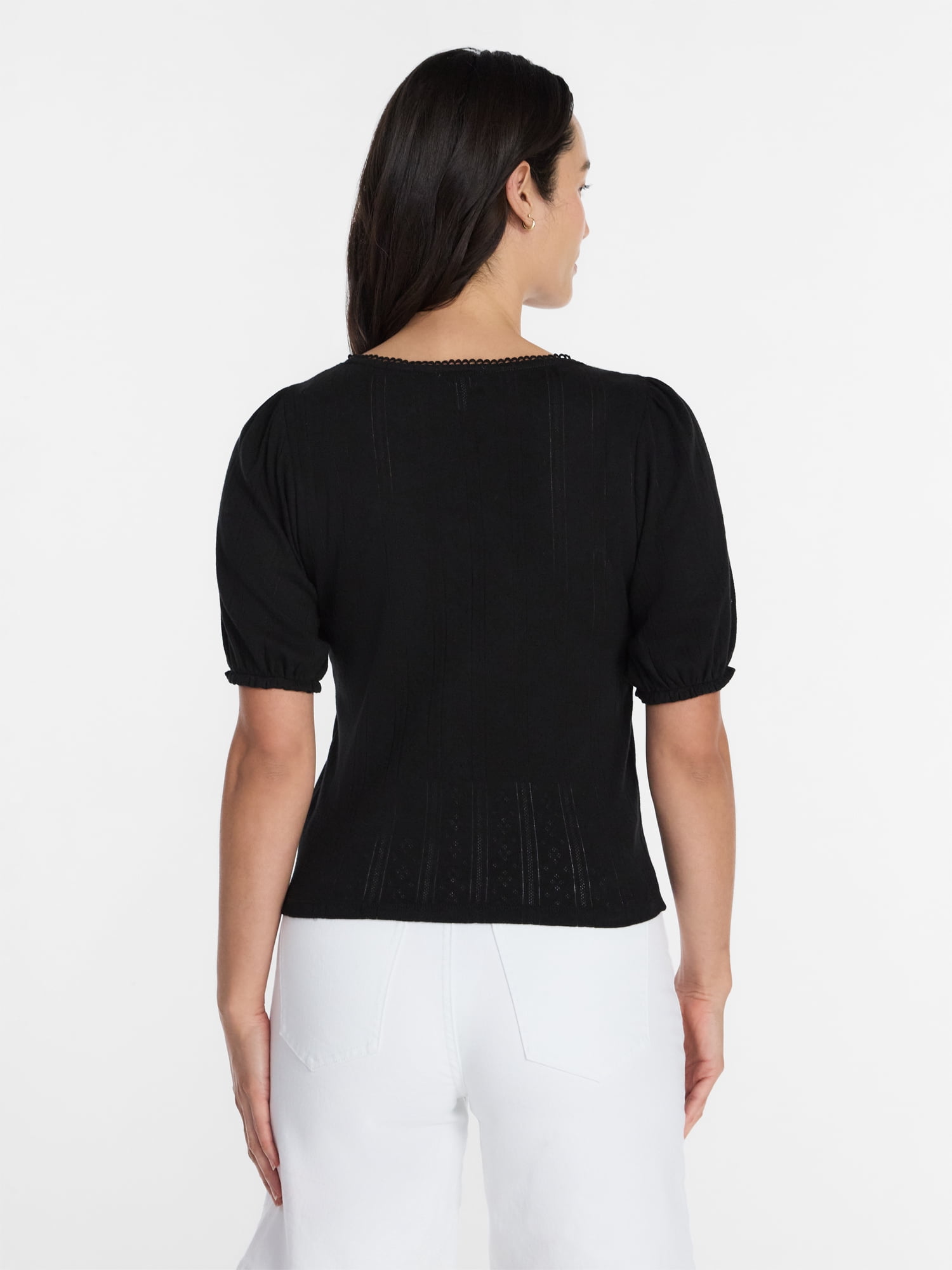 Time and Tru Women's Pointelle Top with Short Sleeves, Sizes XS-XXXL