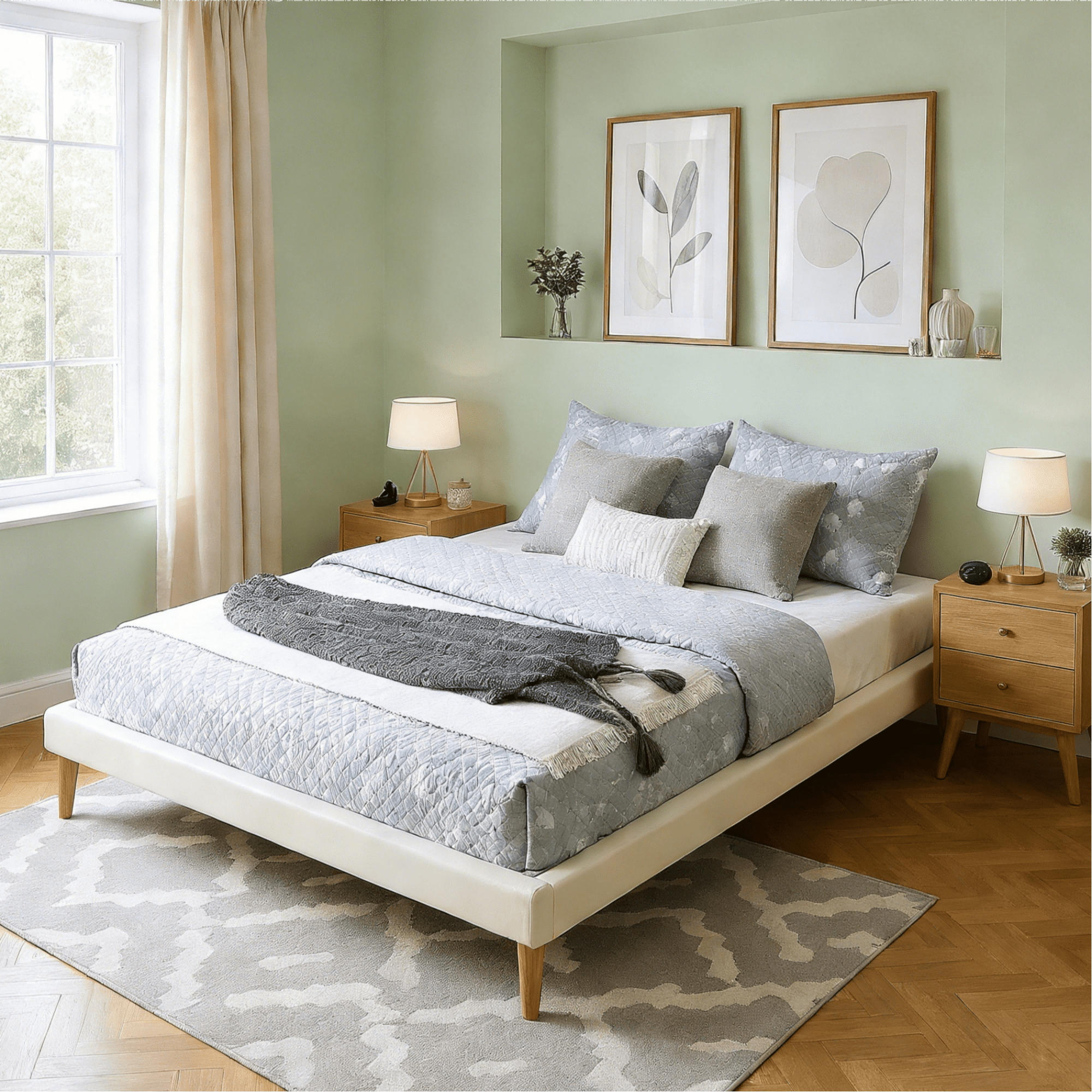 Gewnee Queen Size Faux Leather Platform Bed Frame,No Box Spring Needed,Solid Wood Center Support,White
