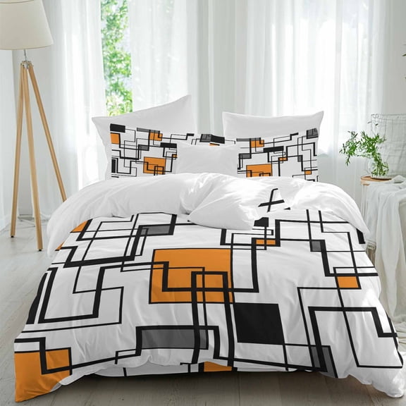 Orange Black Gray Queen Size Comforter Set, Abstract Geometric Stripes Squares Bedding for All Seasons, 4 Pcs Bed Set, 1Quiltcover (90"x92") ,1Sheet(94"x116"), 2Pillowcases (30"x20")