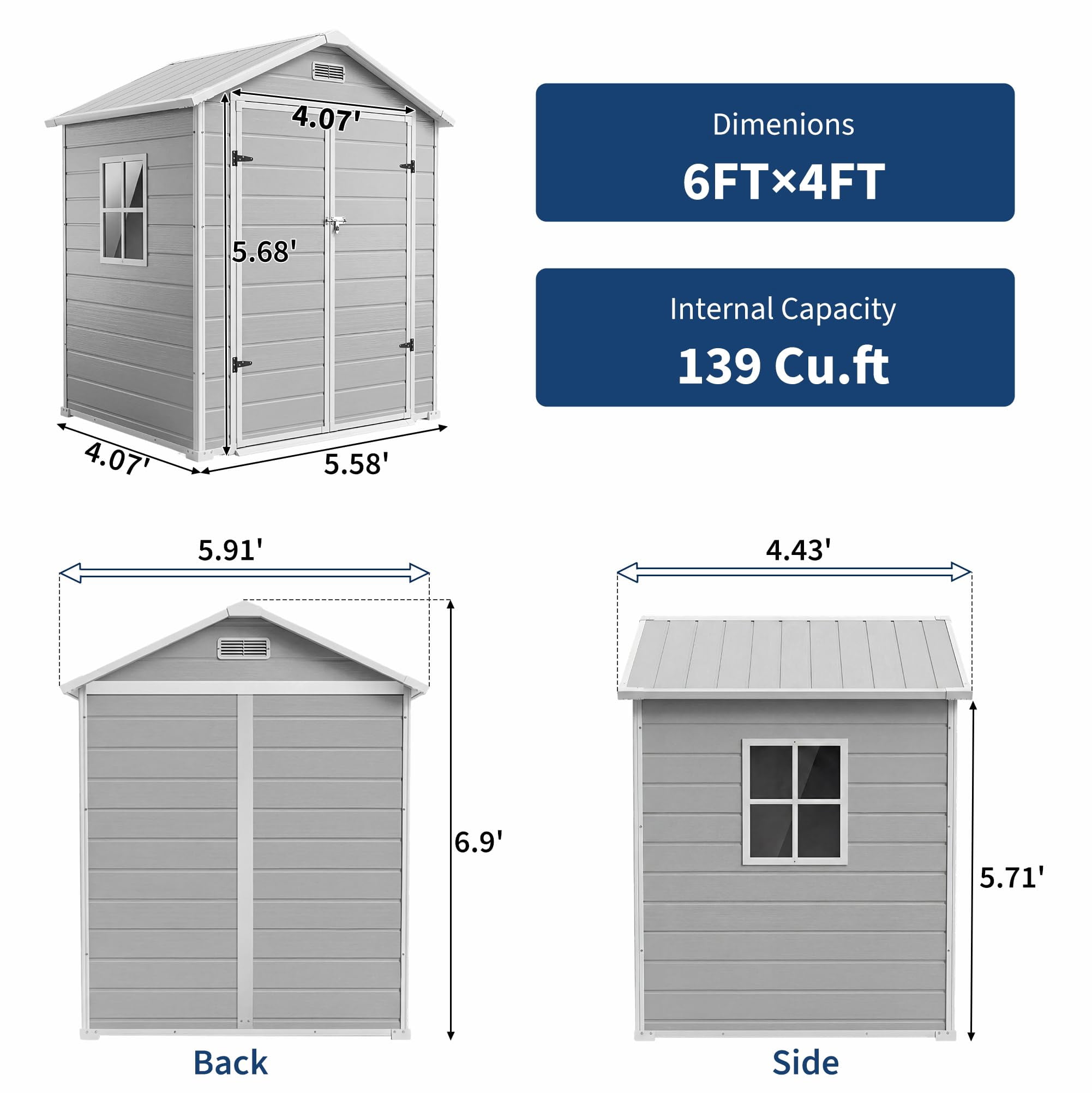 6x4 FT Plastic Resin Outdoor Storage Shed with Floor, Weatherproof Garden Shed with Window & Lockable Door for Tools, Bikes & Lawn Mowers-Gray