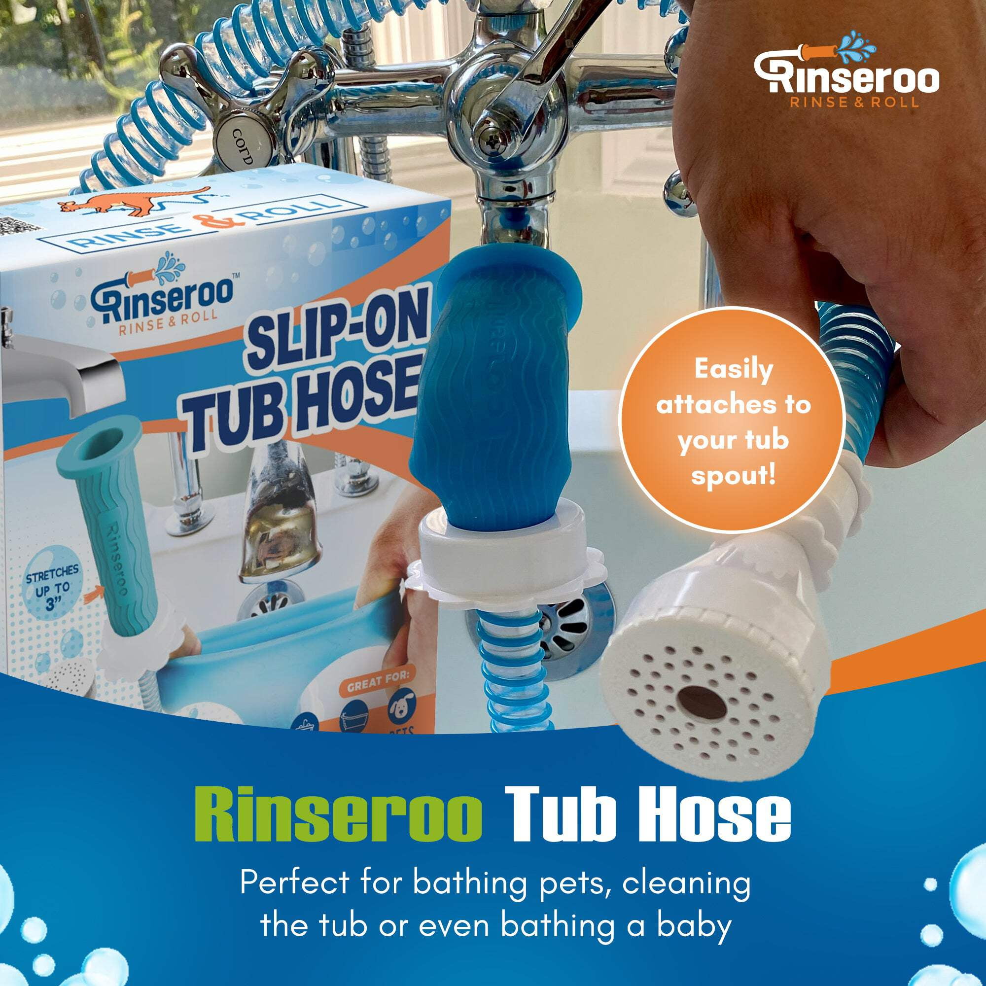 Rinseroo Tub Hose: No-install, Ultra Flex Hose Slips On to Spout for Hair Washing, Baby or Dog Bath. Bathtub Showerhead Attachment. Shower Adapter Faucet. Fits All Spouts Up 3'' Wide