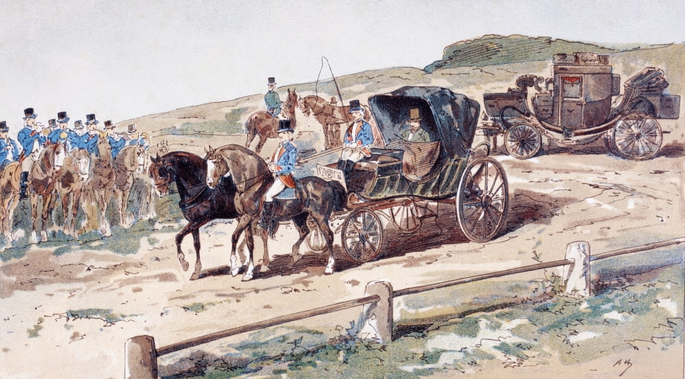 A Postillion Mounted On A Carriage Horse A Coach In The Background 19Th Century After A Watercolour By A Heins From Cortege Historique Des Moyens De Transport Published Brussels 1886 Canvas Art - Ken
