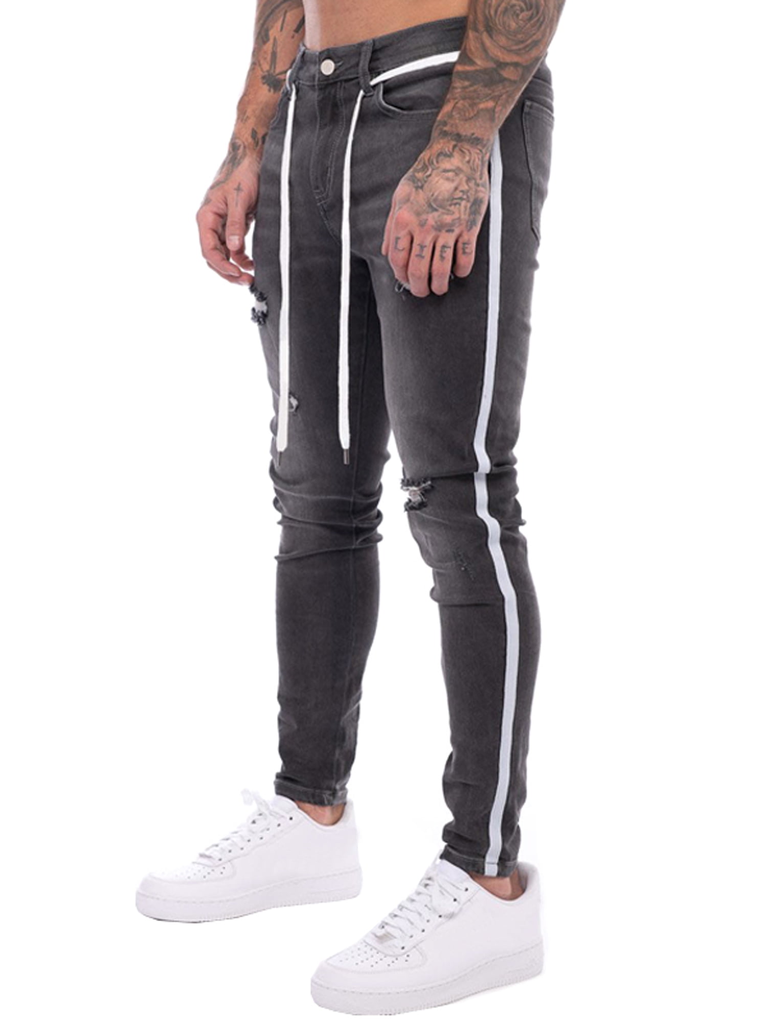 Lallc Men's Stretch Jeggings Frayed Jeans Pants Slim Fit Jogging